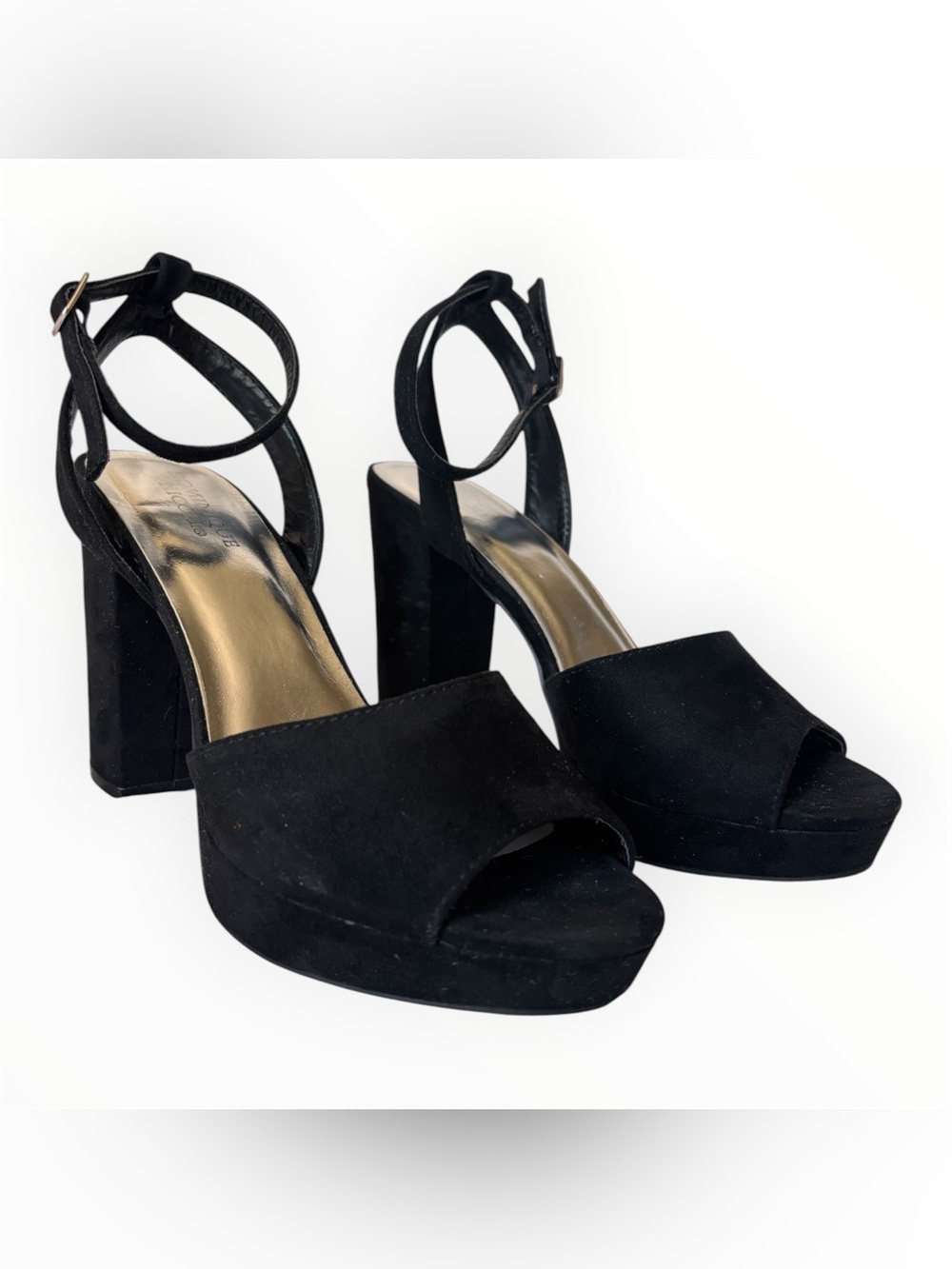 Dominique Nicole Black Suede Platform Block Heel Sandals with Ankle Strap | 6.5